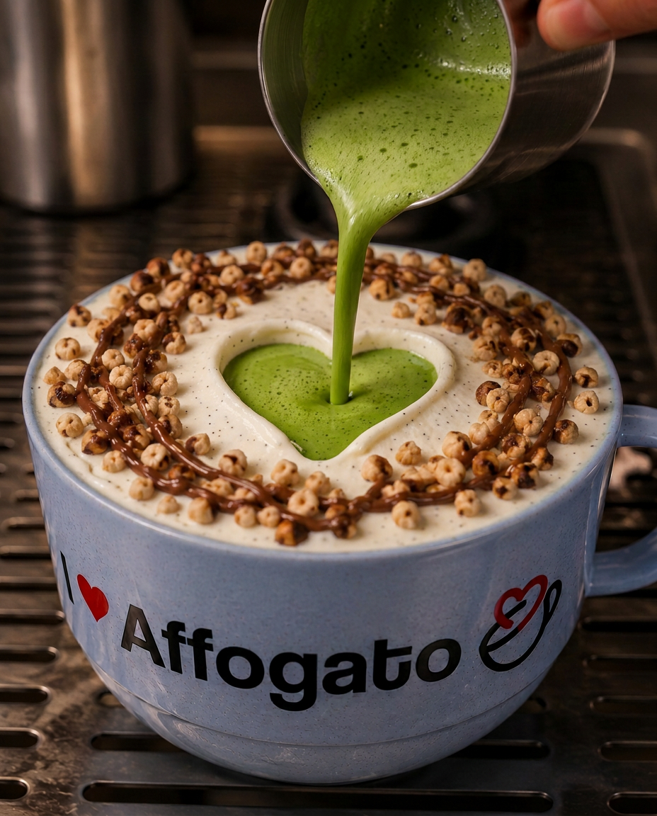 Special matcha affogato in our branded I Love Affogato cup, topped with chocolate hazelnut drizzle and toasted hazelnuts