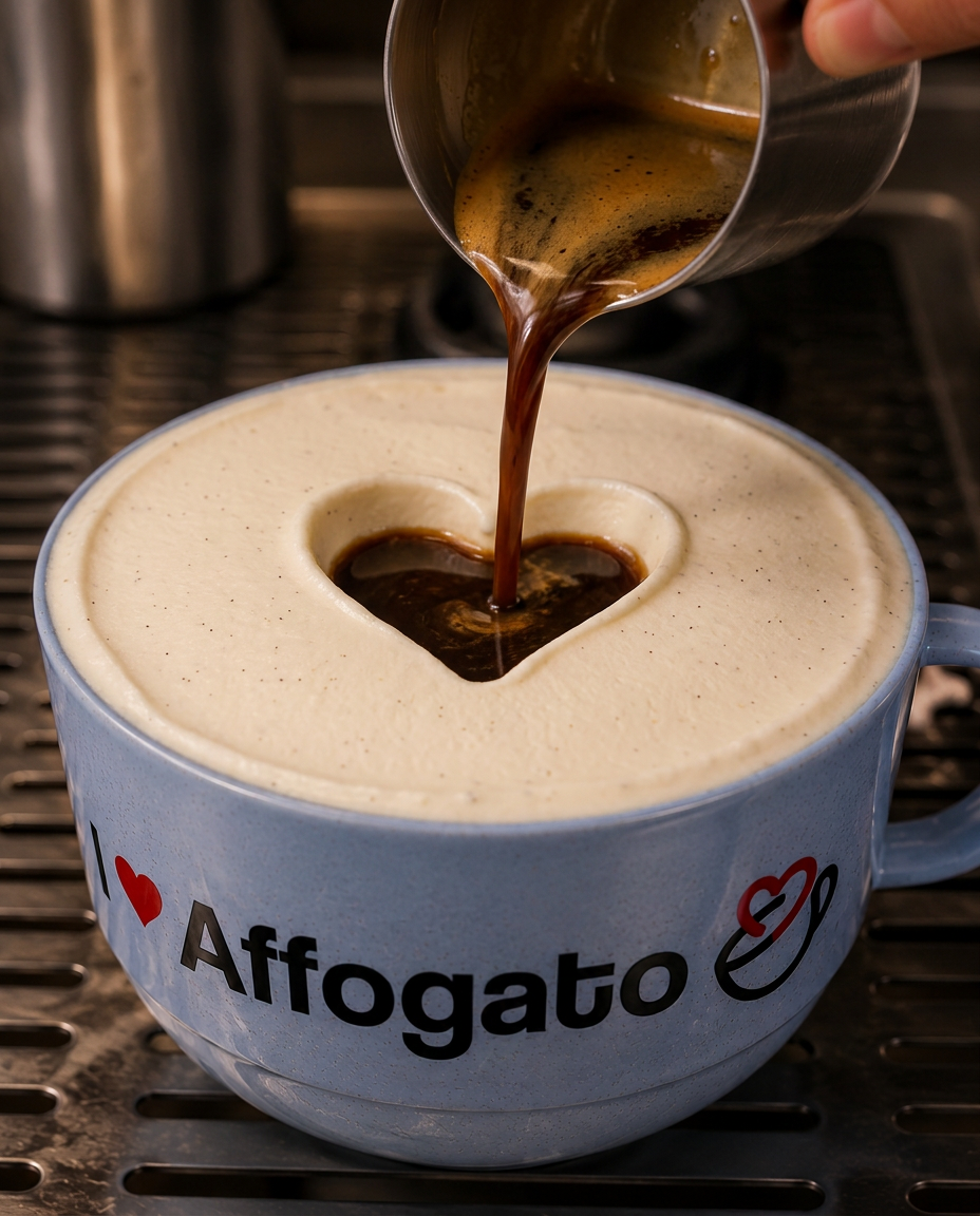 Classic affogato in our branded I Love Affogato cup, espresso poured into a heart-shaped well of vanilla gelato