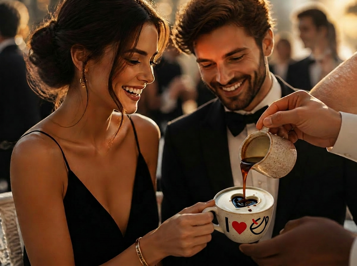 Guests smiling as espresso is poured over gelato at the I Love Affogato trailer