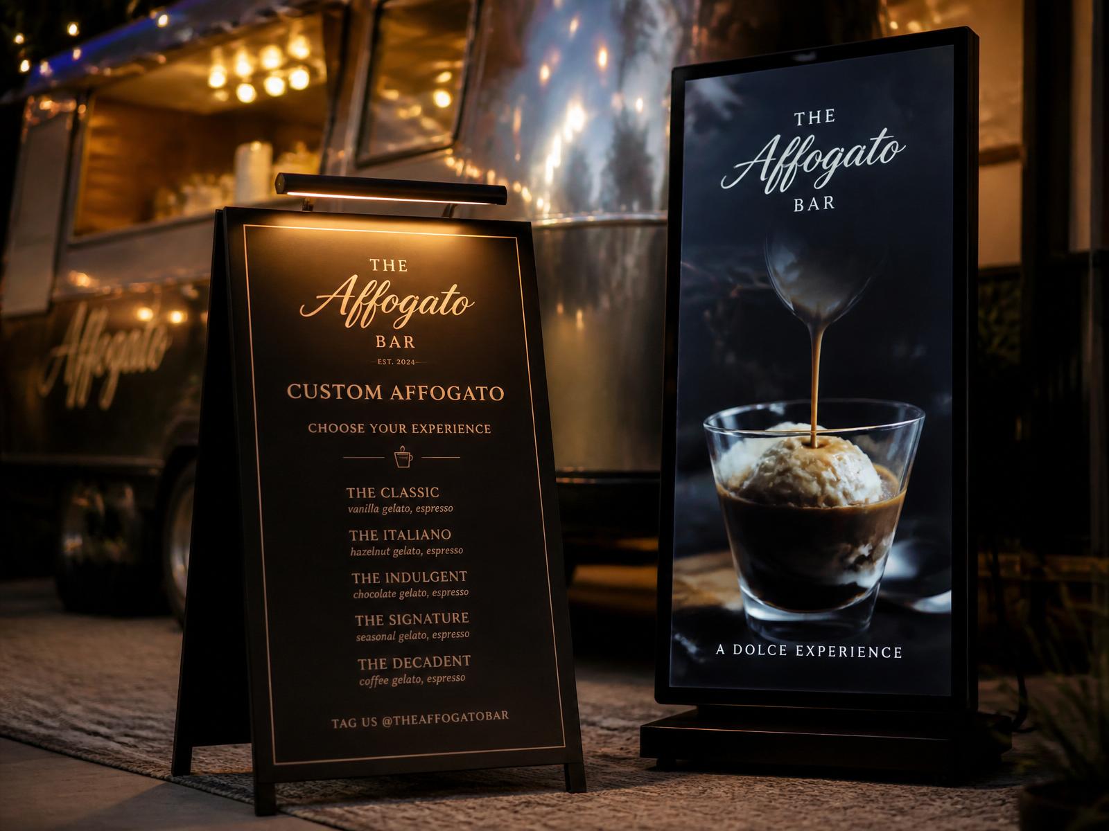 Custom-branded menu board and video screen on the I Love Affogato trailer at a corporate event