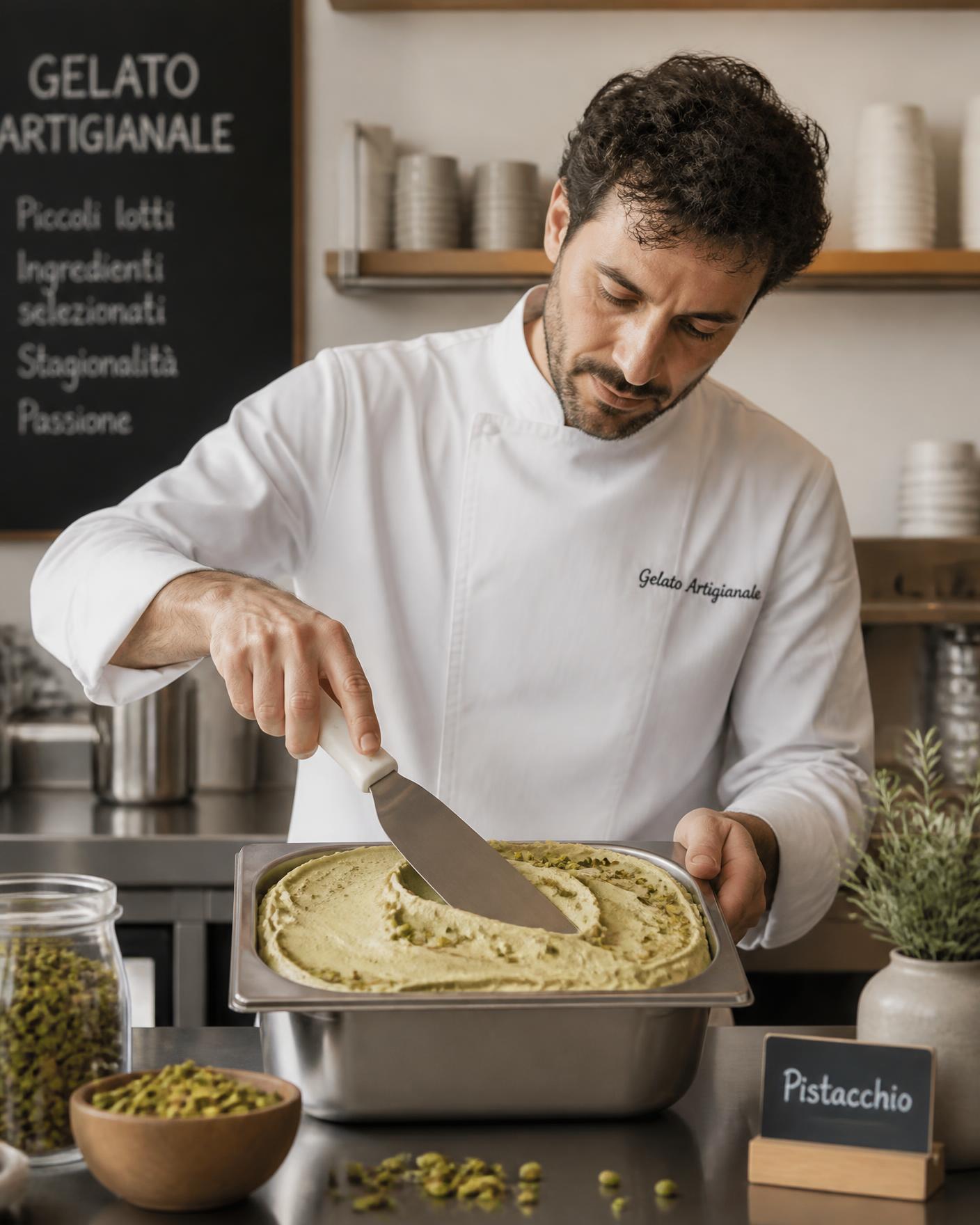 Gelato Master Chef smoothing a fresh small batch of pistachio gelato