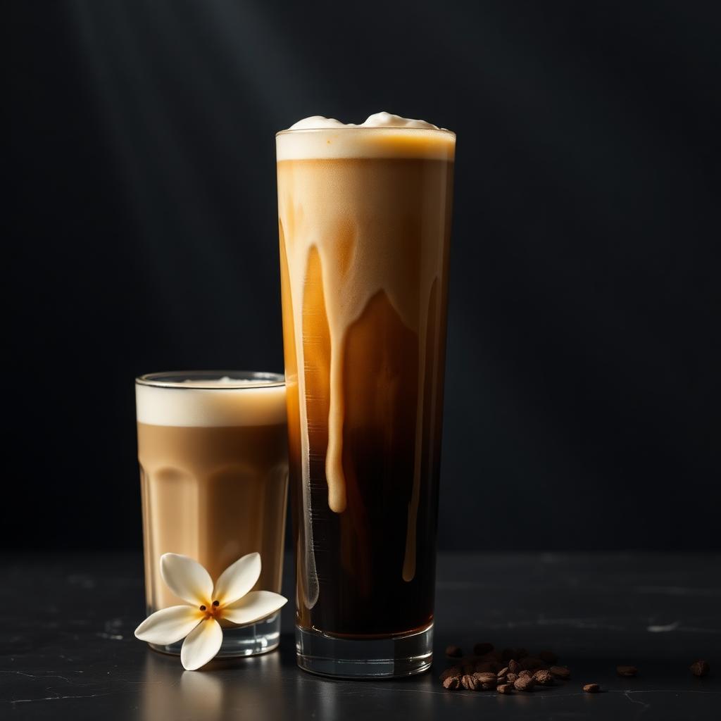Nitro cold brew cascading in a tall glass beside a vanilla cold brew
