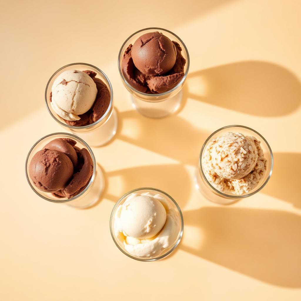 Assorted gelato scoops including vanilla, chocolate hazelnut, pistachio, dulce de leche and coconut