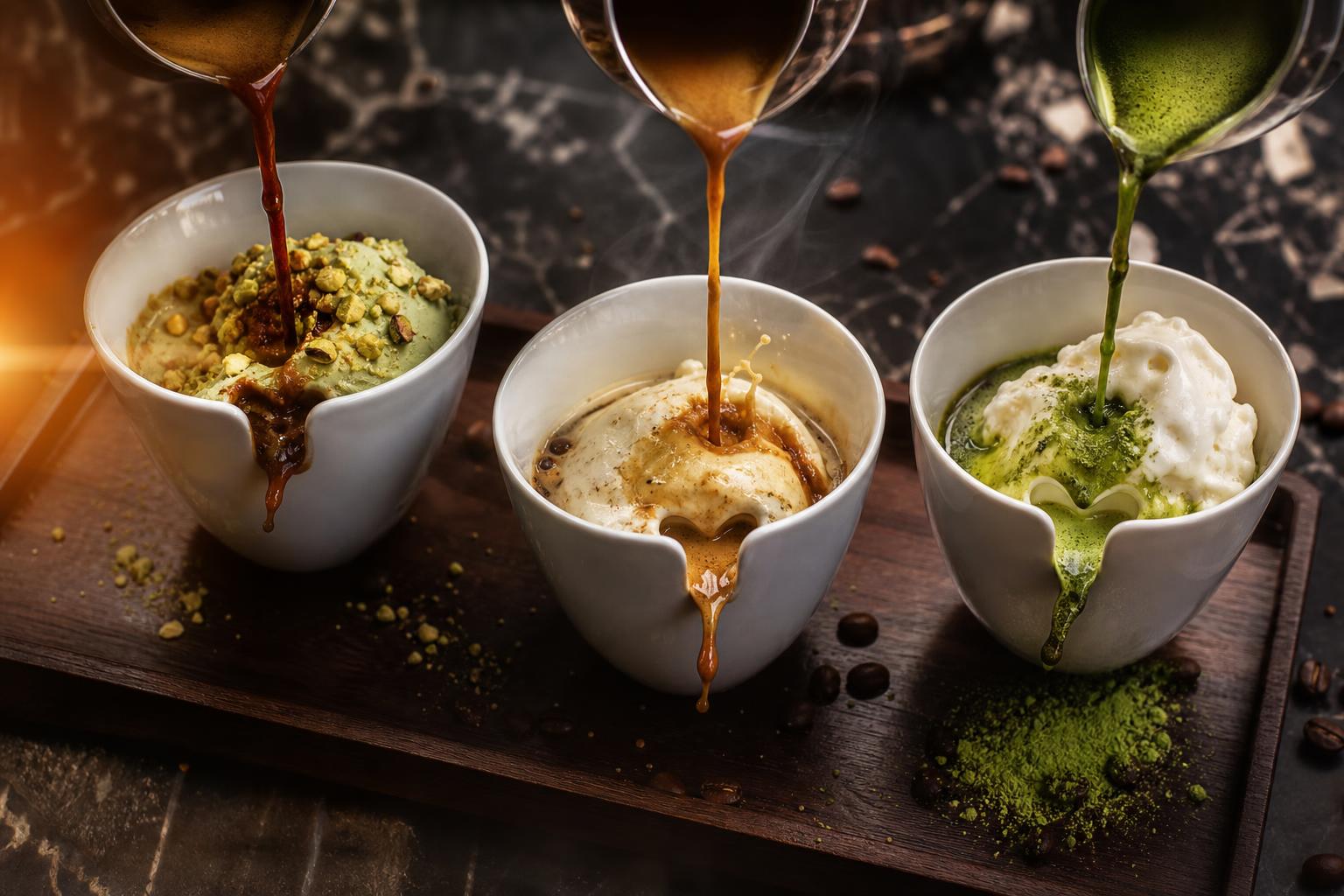 Three artisanal affogatos — pistachio, vanilla espresso, and matcha — being poured in our signature heart-cut cups