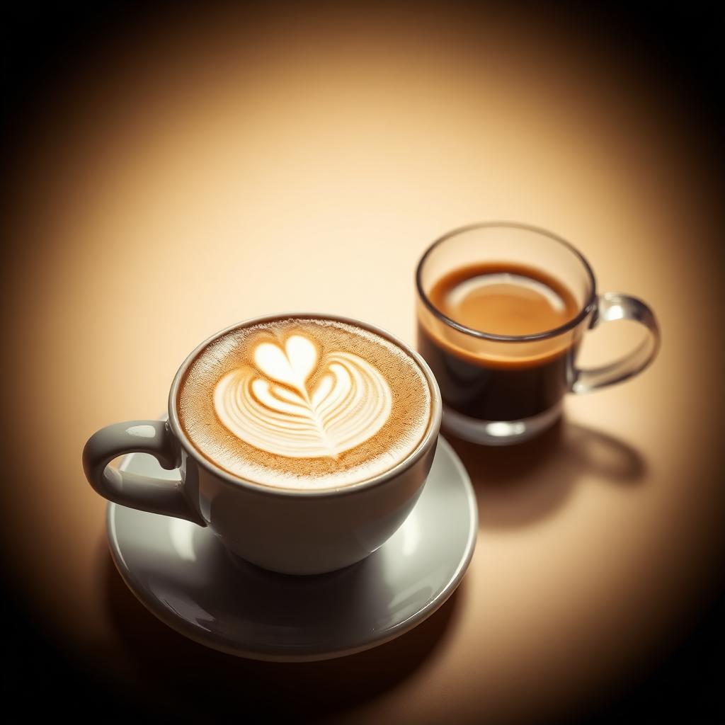 Cappuccino with latte art beside an espresso shot