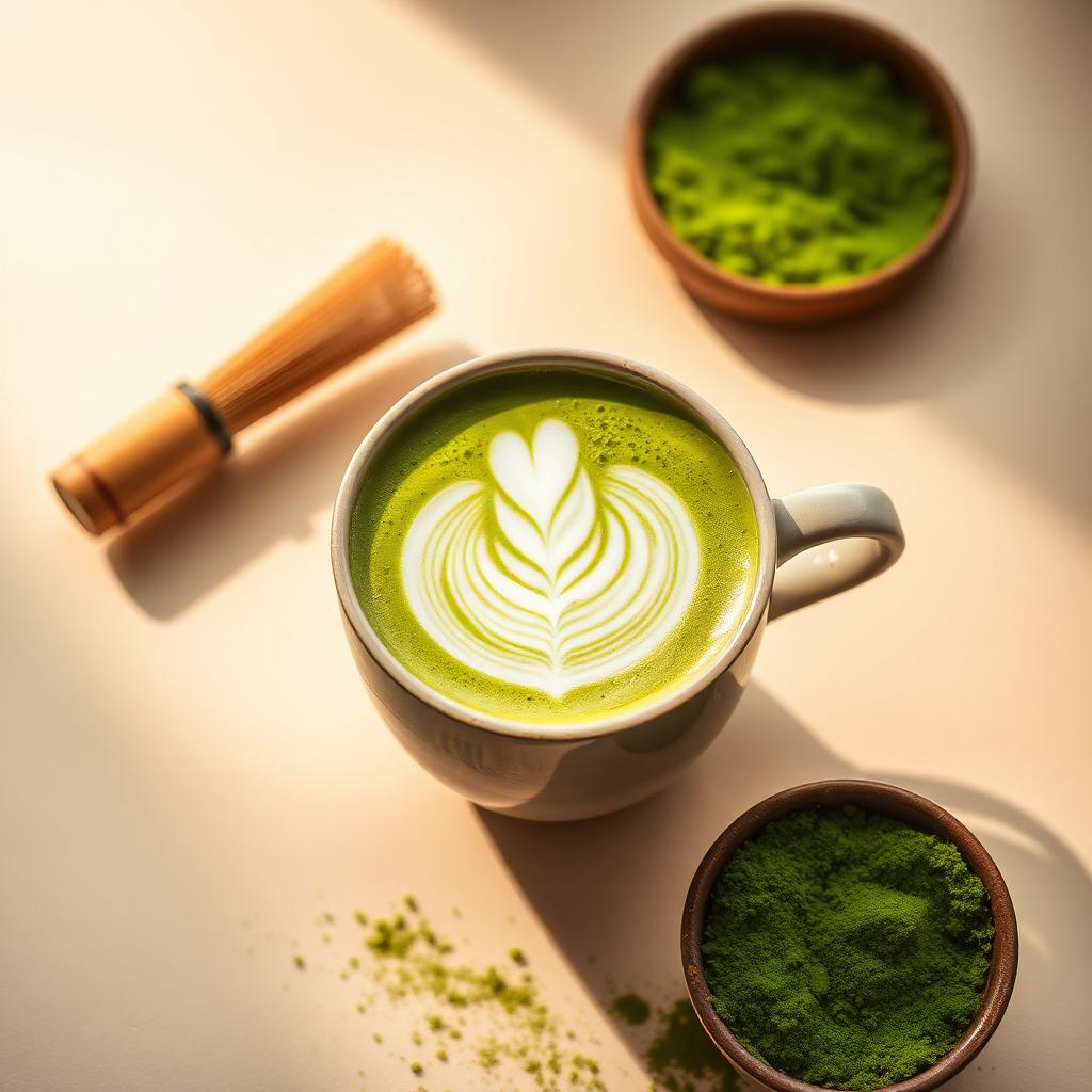 Hot matcha latte with delicate latte art beside a bamboo whisk and bowl of matcha powder