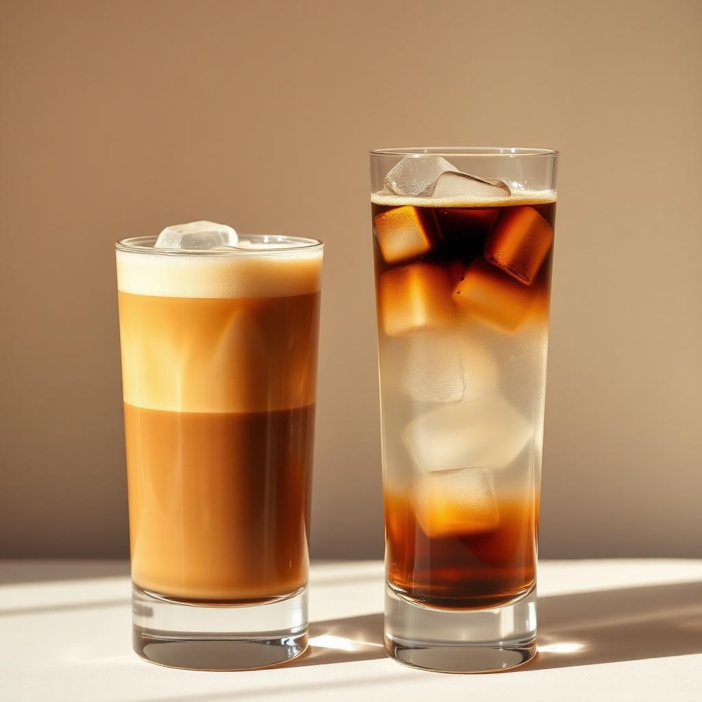 Iced latte and espresso tonic in tall glasses