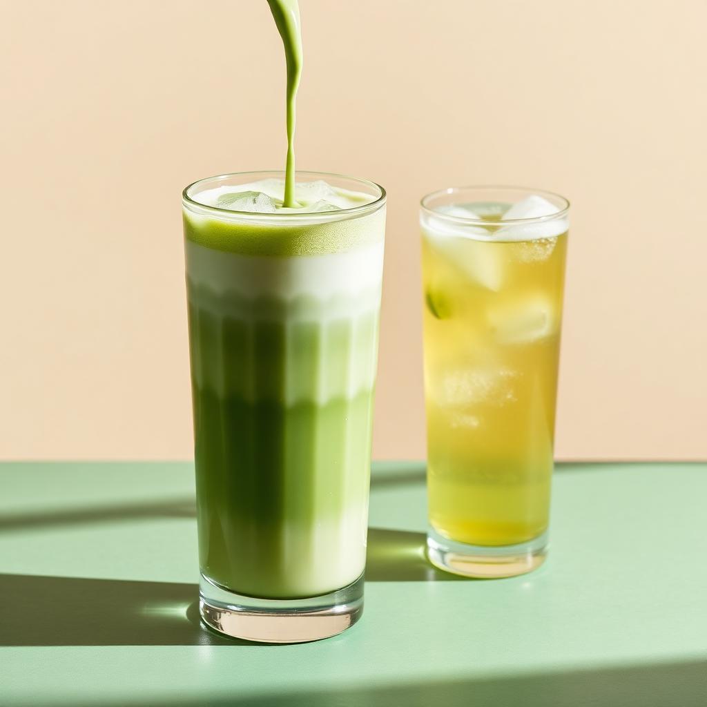 Iced matcha latte and matcha tonic in tall glasses