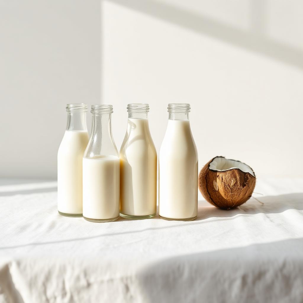 Glass bottles of whole, oat, almond and coconut milk
