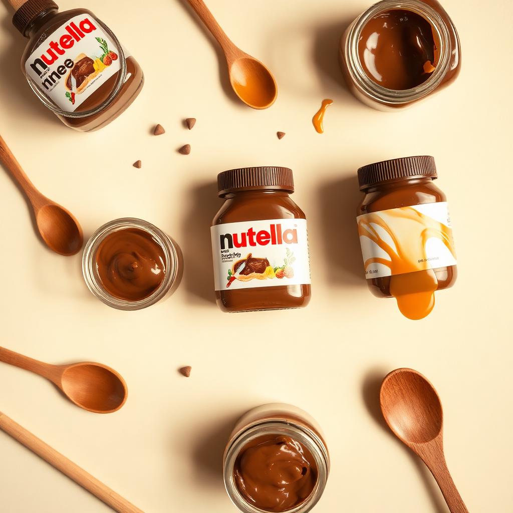 Small jars of Nutella, pistachio paste, dulce de leche and condensed milk drizzles