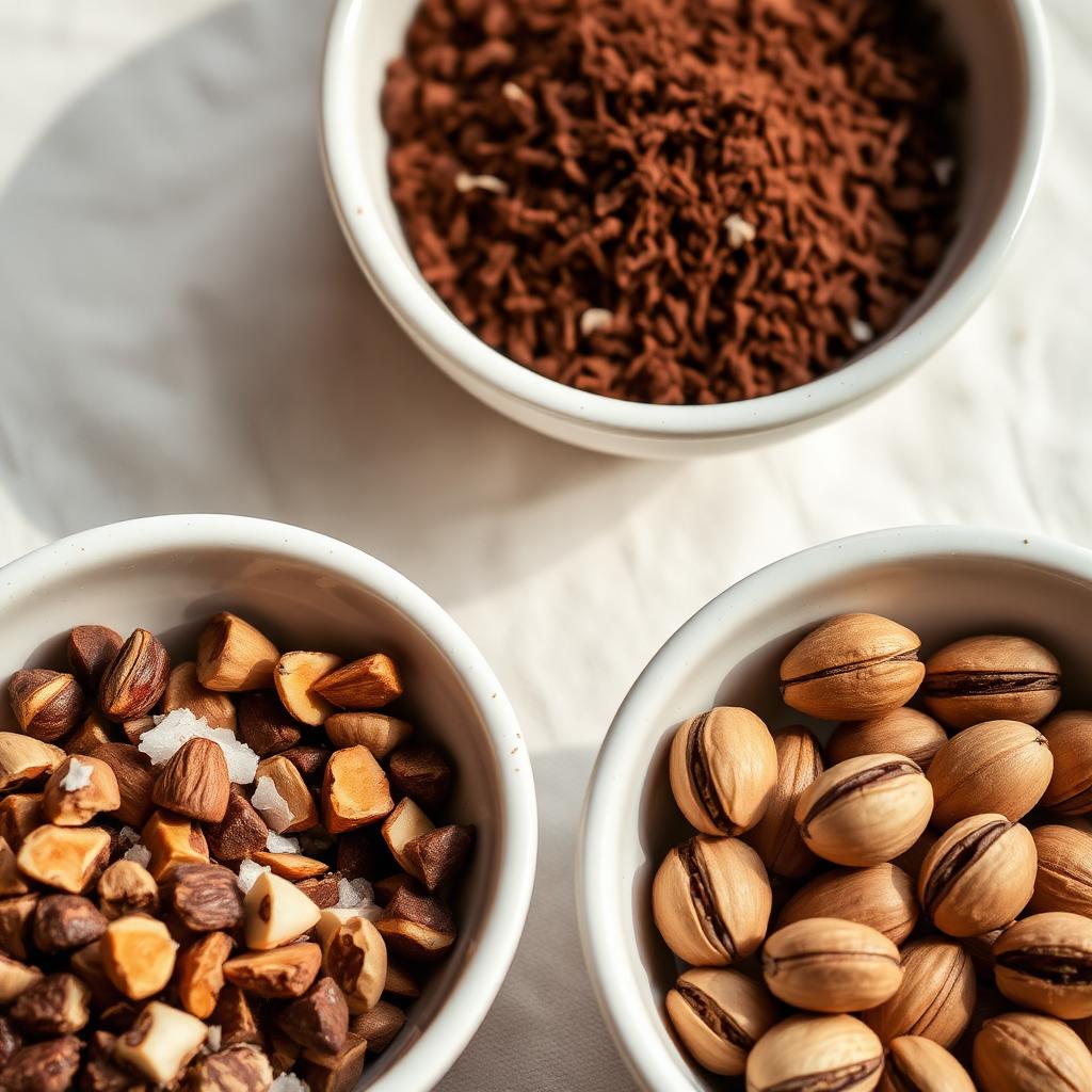 Bowls of hazelnuts, coconut flakes, cocoa powder and pistachios