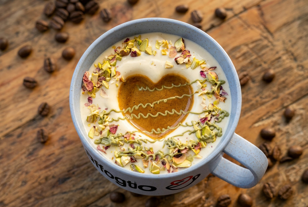 Speziale affogato with pistachios, rose petals and matcha drizzle in a branded cup